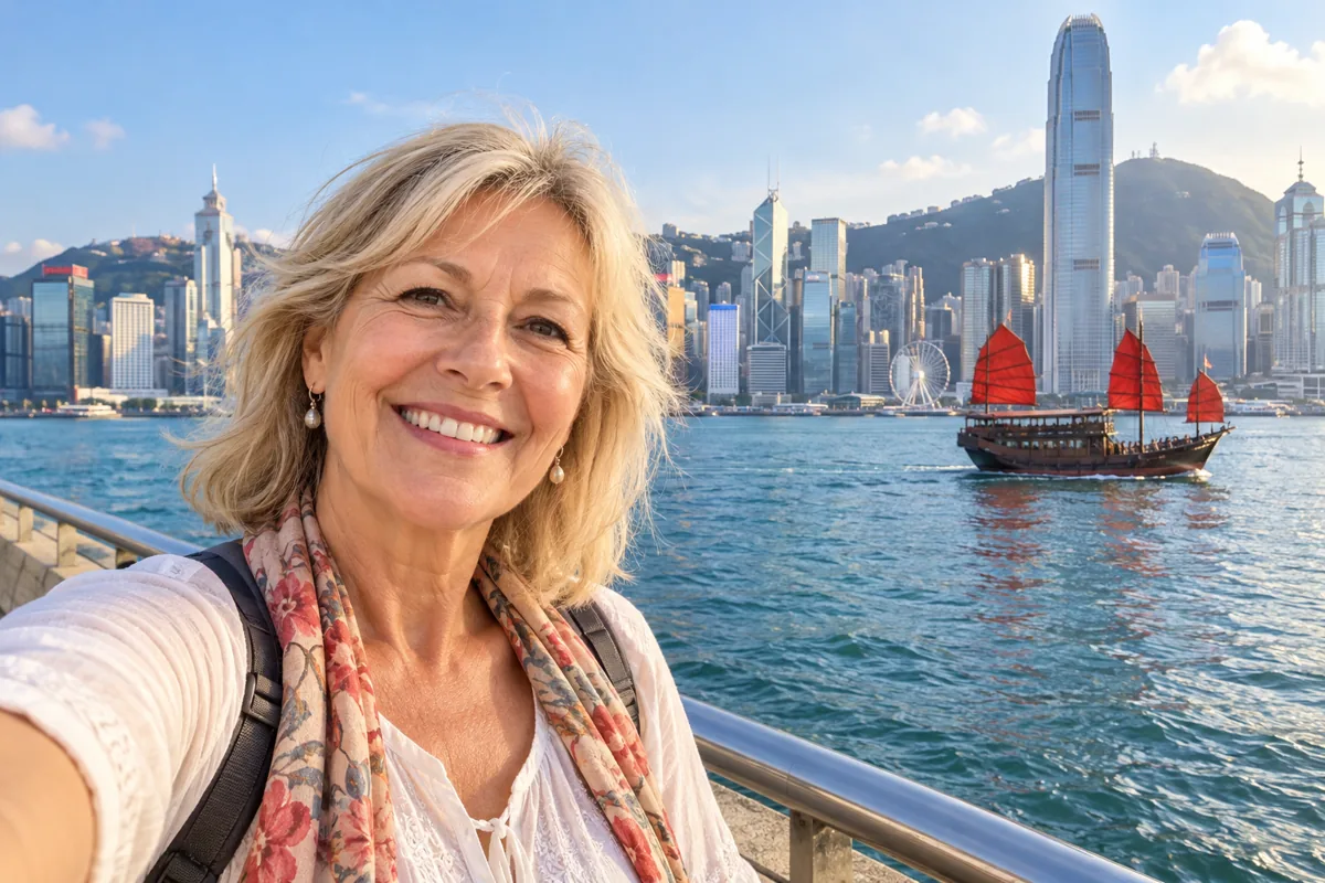 AI-generated solo traveler selfie admiring Victoria Harbour in Hong Kong