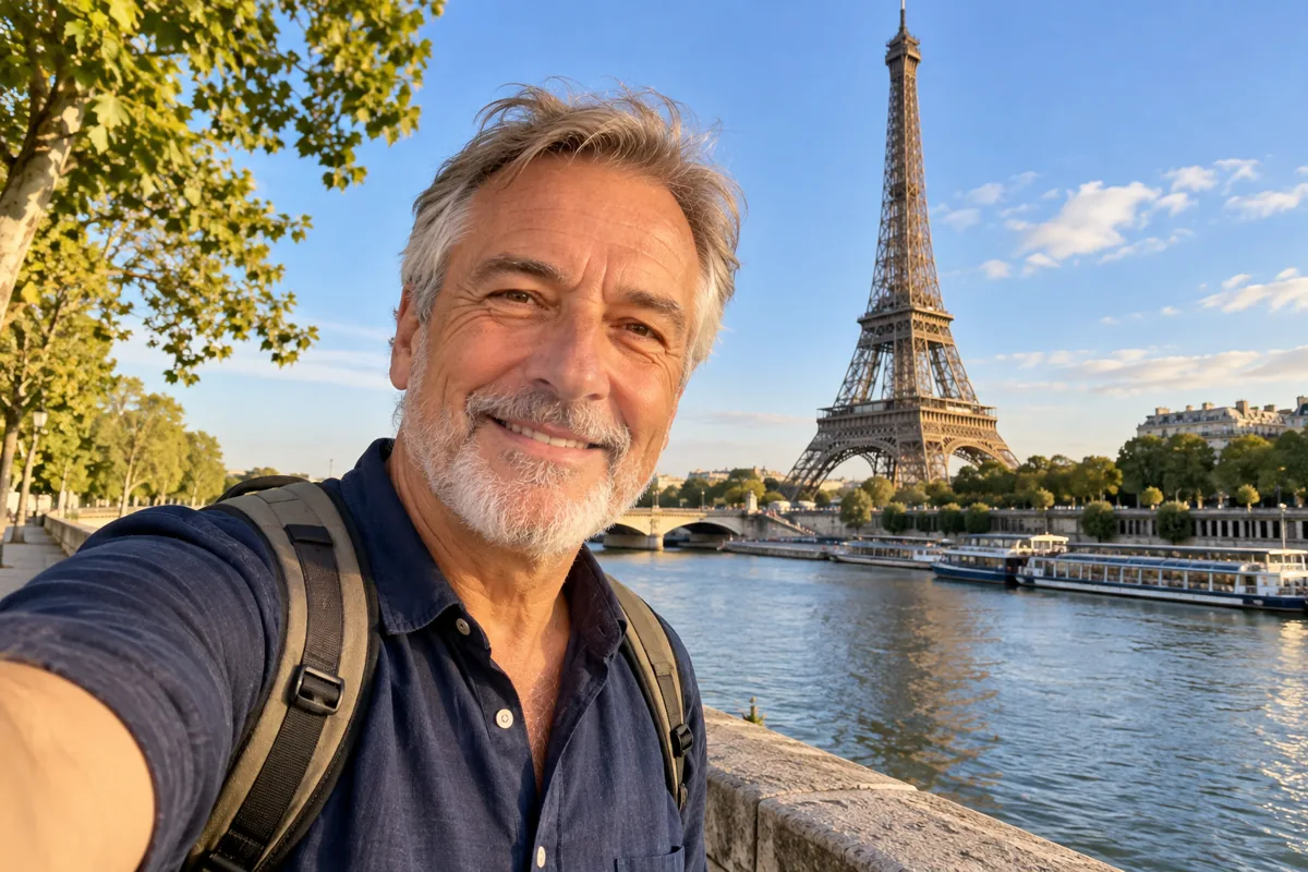 AI-generated solo traveler selfie visiting the Eiffel Tower in Paris