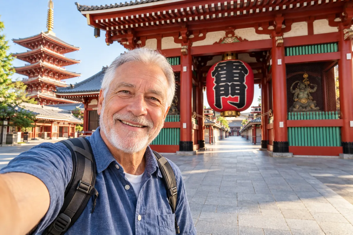 AI-generated solo traveler selfie at Senso-ji Temple in Tokyo