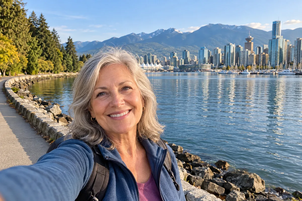 AI-generated solo traveler selfie enjoying the Stanley Park seawall with Vancouver behind them